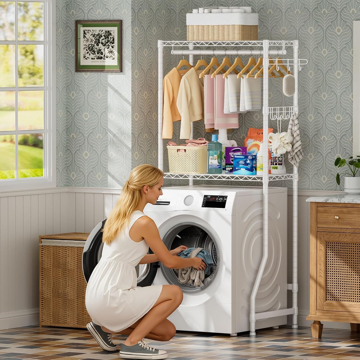 Golpart Laundry Organizer Shelves Over the Washer and Dryer Storage Shelf | Heavy Duty Laundry Room Organization Clothes Drying Rack Adjustable Height Wire Shelving and Wire Basket with Hanger Rod