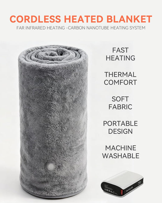 Cordless Heated Throw with Portable Battery Pack | Far Infrared USB Electric Blanket | Ultra-Soft Faux Rabbit Fur for Couches, Office, Camping & Travel
