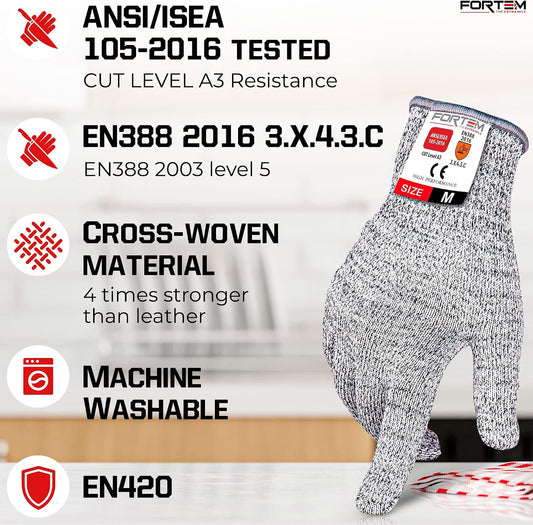 FORTEM Cut Resistant Gloves - Level 5 Protection, ANSI 100% Food Grade | Cutting Gloves For Oyster Shucking | Meat & Food Prep | For Mandoline Use | 4 Pack