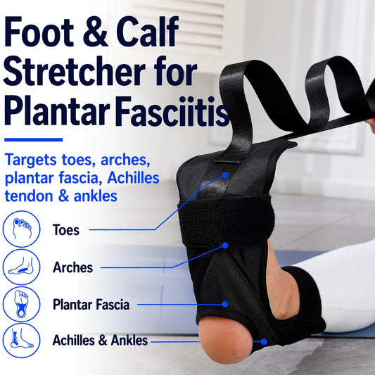Foot and Calf Stretcher Strap for Plantar Fasciitis, Achilles and Hamstring | Secure padded foot sleeve with multi-loop strap stretches arches, toes, ankles and calves for PT, yoga, runners and heel pain