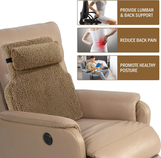 HOMBYS Sherpa Fleece Lumbar Support Pillow with Headrest for Recliner,Memory Foam Recliner Chair Cushion for Back Pain,Big High Back Support for Recliner with Chair Headrest for Elderly (Khaki)
