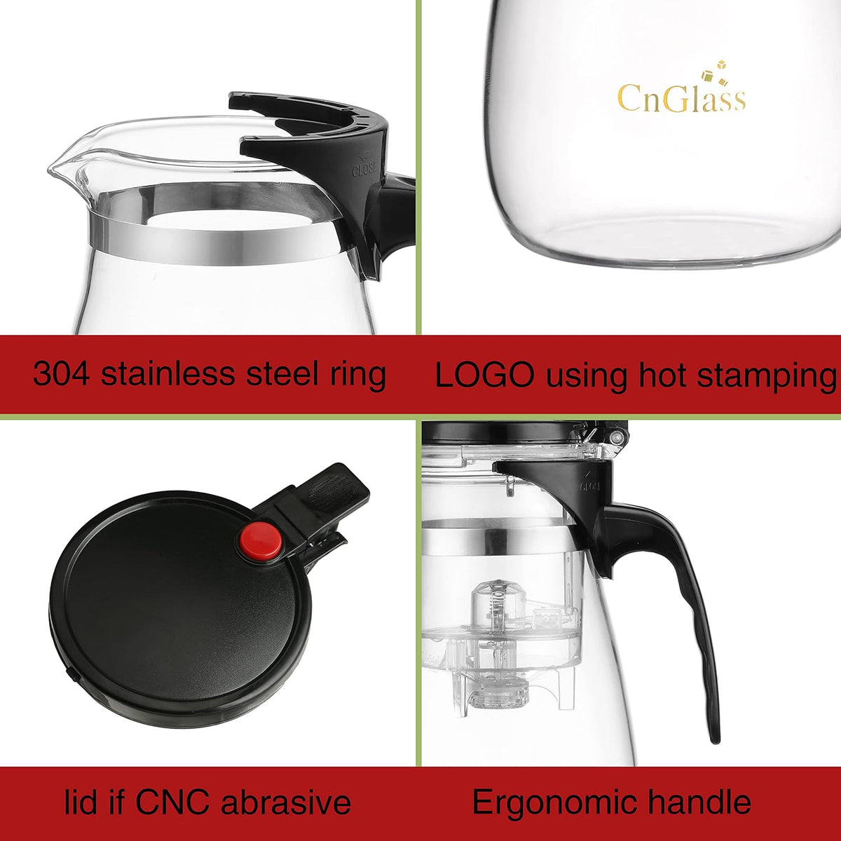 CNGLASS Glass Teapot with Removable Infuser,20oz(600ml) Clear Glass Tea Kettle Stovetop Safe,Glass Teapot with Strainer for Blooming and Loose Leaf Tea