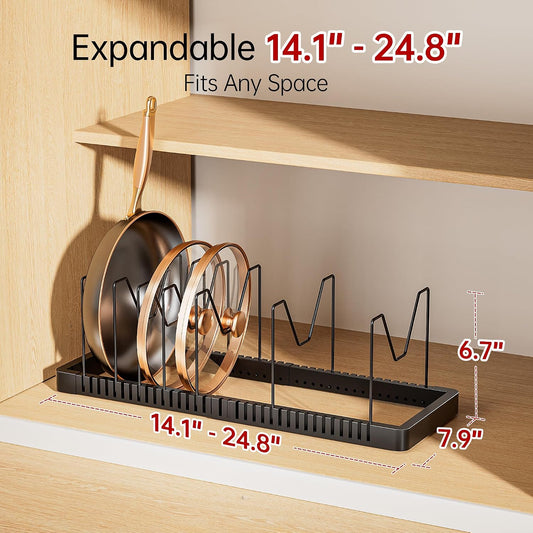 Expandable Pot and Pan Organizer with 10 Adjustable Dividers | Solid Metal Under‑Cabinet Pot Lid Organizer 14.1''‑24.8'', Lid Organizers Inside Cabinet, Fits Bakeware & Cookie Sheets