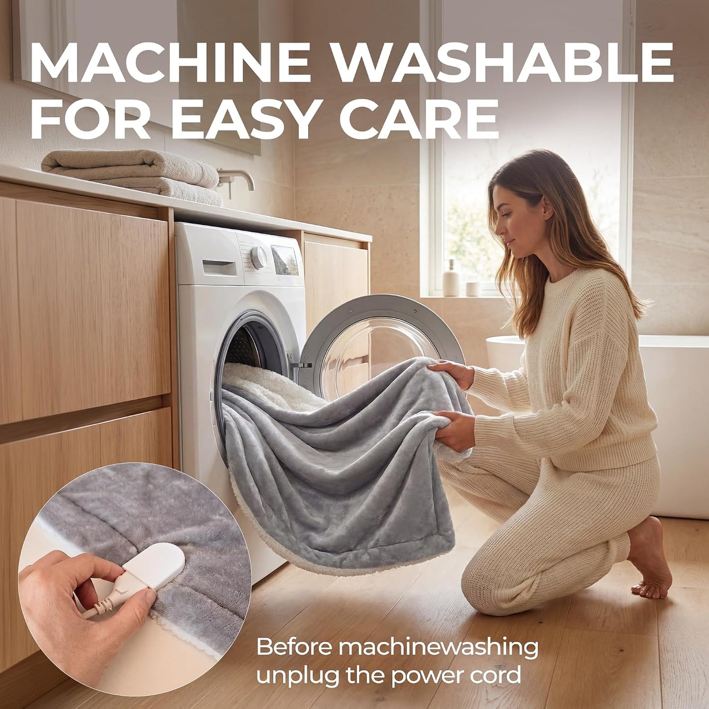 Machine Washable Heated Throw Blanket 50"x60", 8ft Cord, 6 Levels, Electric | Auto Shut Off | Sherpa Heated Throw Blanket for Couch, Sofa & Bed Rapid Heating - Natural, Grey