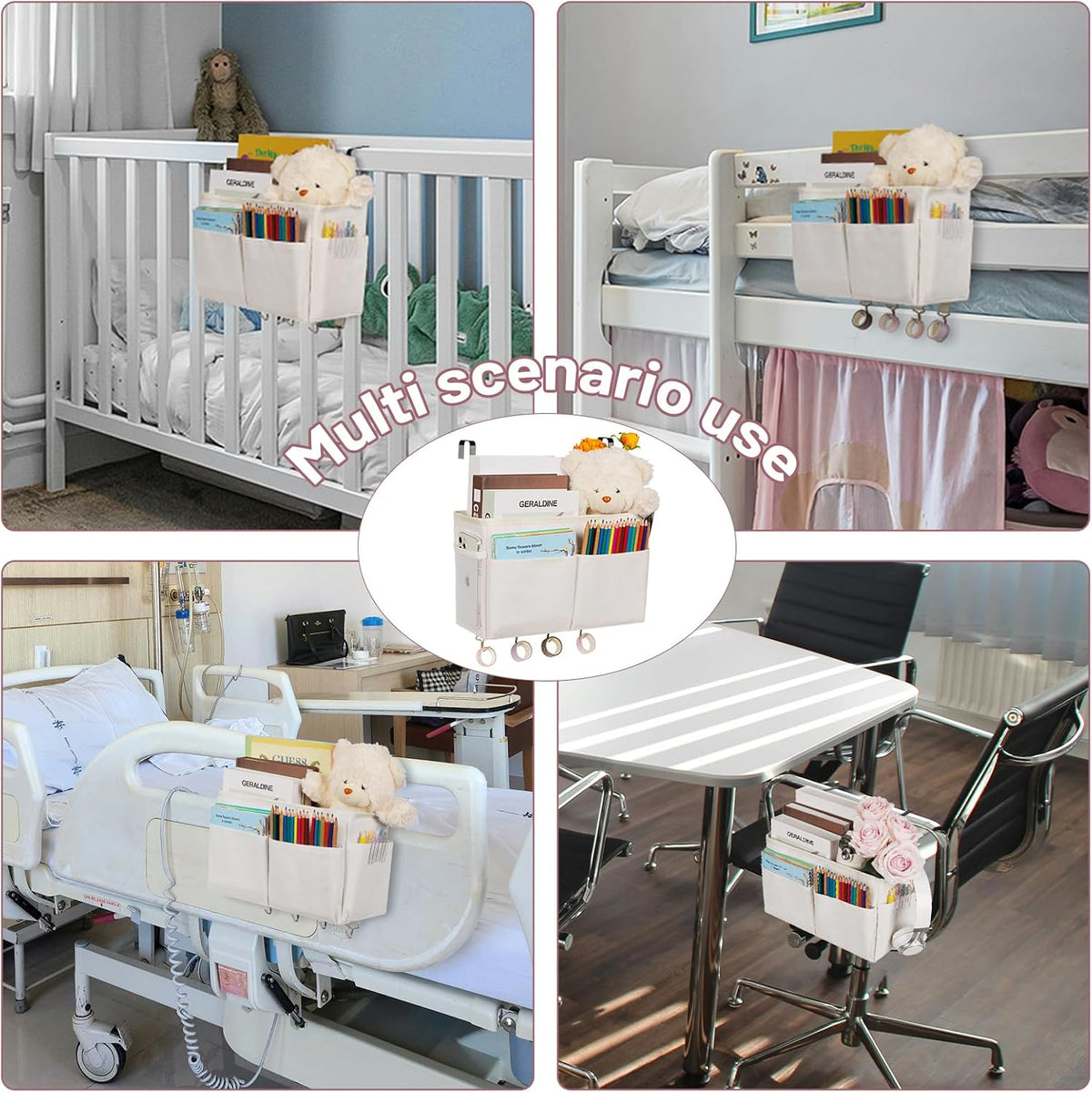 Bedside Caddy Organizer 5 Pockets and 4 Hooks for Bunk Bed Pink