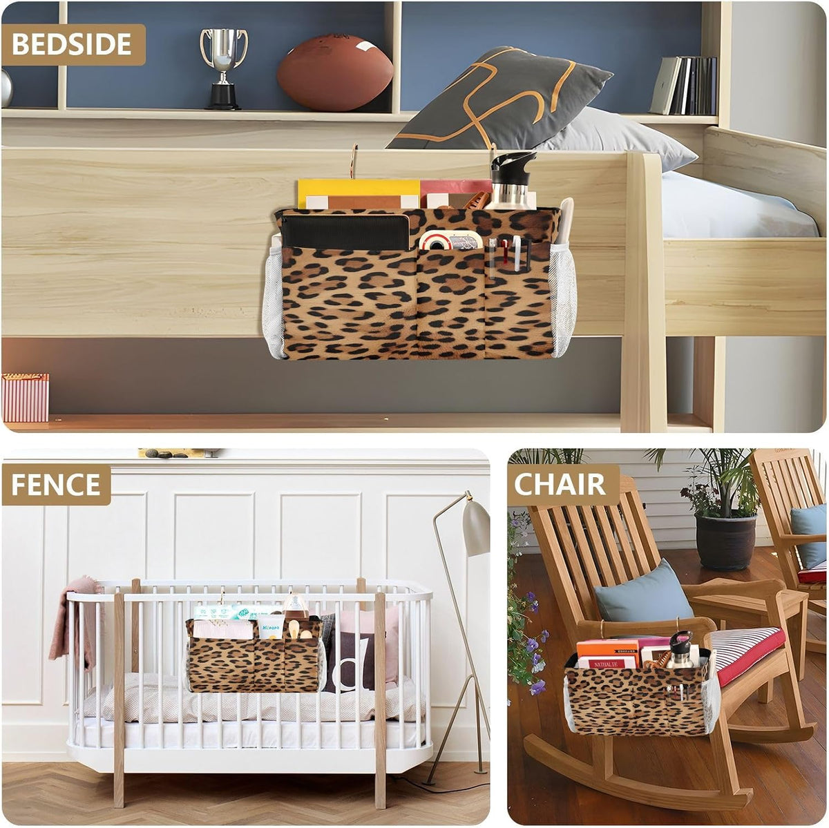 Leopard Print Bedside Caddy, Bedside Storage Organizer for Home, College, Bunk and Hospital Beds, Crib Bed Rails