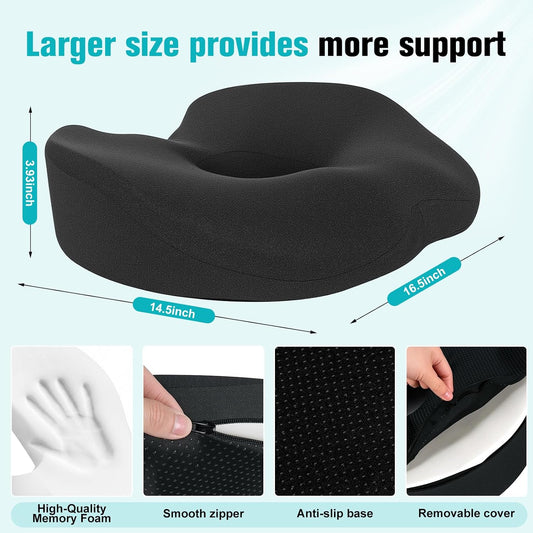 Seat Cushion,Memory Foam Coccyx Cushion for Relief Sciatica,Hip and Tailbone Pain,Seat Cushion with Non-Slip Base for Office Chairs,Wheelchair,Car,Seat Cushions for Long Sitting,Black