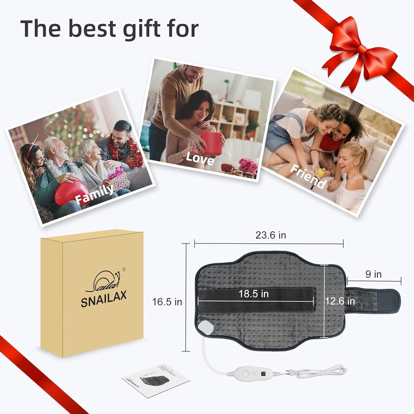 Snailax Heating Pad for Back Pain Relief,Electric Heat Pad for Period Cramps, Neck, Shoulders, Heated Pad with Adjustable Strap, 6 Heat Levels, Auto Shut Off, 16”x24”,Washable,Gifts for Man Dad