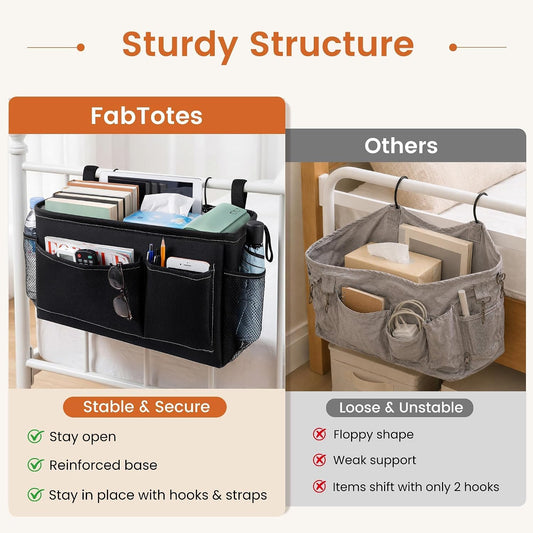 Bedside Caddy for Dorm Bed, Bedside Storage Bag Hanging Organizer | Metal Frame, Water-Resistant Lining, Fits Bed Rails up to 2.2 In, Adjustable Straps, Bunk and Hospital Beds(1 Pack, Black)