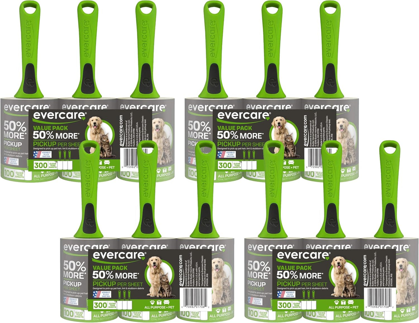 Evercare Pet Hair Lint Rollers All Purpose Use 100 Easy-Tear Sheets Per Roll Reusable Sticky Roller Pets Cat & Dog Hair Remover Contoured Handle For Furniture Clothing & Cars, Set of 3, Green
