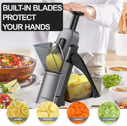 SupMaKin Safe Mandoline Slicer for Kitchen,Adjustable Potato Slicer 1-8 mm | 4 Modes Slice, Strips,Julienne Dicer,Vegetables Slicer Fry Food Cutter,Stainless Steel Blades, Foldable Dishwasher Safe,Gifts