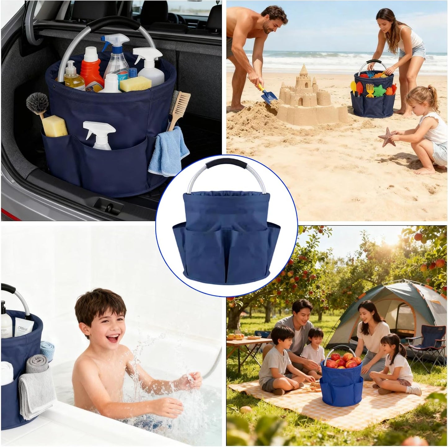17L Cleaning Caddy with Handle, Portable Picnic Basket, Apple Picking Basket, Gift Basket, Collapsible Bathroom Storage Baskets for Dorm, Bathroom, Tool, Garden, Cleaning Supplies (Black)