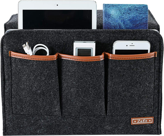 Zafit Bedside Caddy, Large Size Storage Organizer with 8 Pockets - Holds Magazines, Remotes, Phone (13.4'' x 18.1'', Dark Grey)