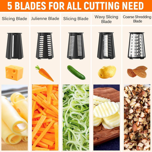 Rotary Cheese Grater Hand Crank, 5-in-1 Vegetable Chopper Spiralizer Slicer | Shredder with 5 Interchangeable Blades for Vegetable, Cheese, Fruit, with Blades Storage Box & Stable Suction Base (Black)