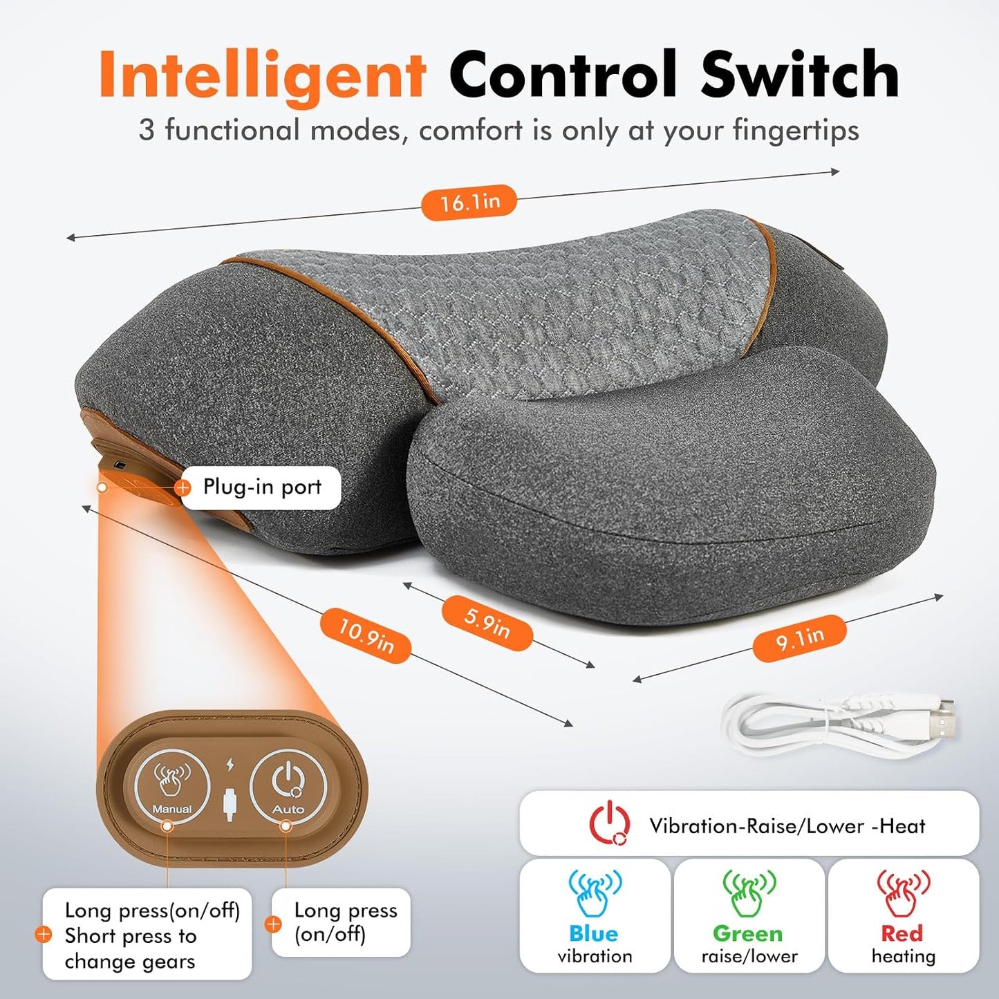 3-in-1 Neck Massage Pillow with Heat - Pillow Massage Neck Hump for Shoulder Pain, with Vibrating Heating and Traction Function Gifts for Family (Gray)