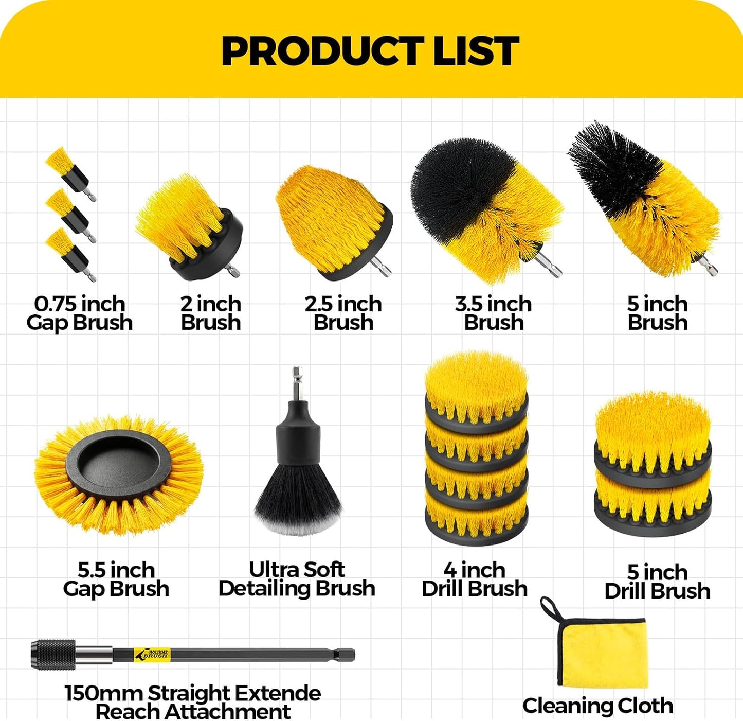 Holikme 20 Pack Drill Brush Set with Soft Detail Brush and Cleaning Cloth | 1 Extension Rod, 1/4-Inch Quick-Change Shaft,Power Scrubber Cleaning Kit for Tile, Floors, Grout, Tub, Car Detailing
