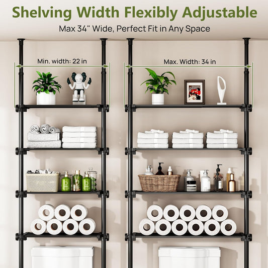 ALLZONE Adjustable Over The Toilet Storage Shelf, 4-Tier Ample Bathroom Organizer and Storage, Tension Mounted Above Toilet Storages Cabinet for Versatility, Fits 66-113 Inch Heights, Black