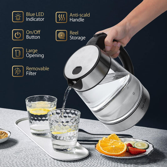 Taylor Swoden 1.7L Electric Tea Kettle, Glass Hot Water Boiler for Tea | Fast Boiling Electric Kettle Cordless Water Boiler with Auto Shutoff & Boil Dry Protection, Glass & Stainless Steel