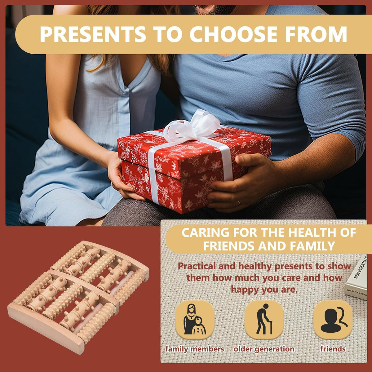 Wooden Foot Massage Roller, Wood Foot Roller for Plantar Fasciitis, Manual Physical Foot Therapy Roller Massage Tools for Feet Pain Relief Muscle Relaxation Men Women Elderly (5 Row Dual Gear)