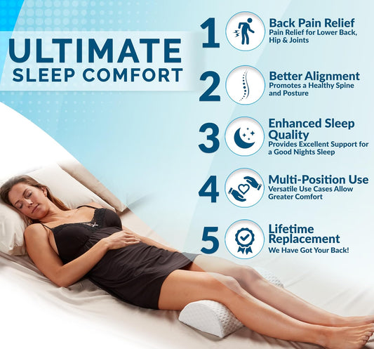ComfiLife Knee Pillow for Back Sleeping – 100% Memory Foam Bolster Pillow for Legs – Under Knee Pillow for Sleeping on Back – Leg & Hip Pain Relief for Side Sleepers – Half Moon Pillow