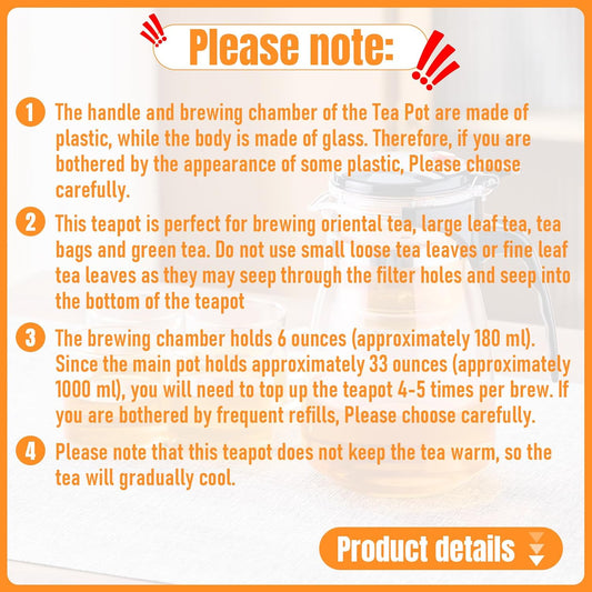 PARACITY Glass Teapot with Infuser, 33 fl oz Magic Teapot with One Button | Removable 6 fl oz chamber filters loose tea; refill 4-5 times for full 33 fl oz capacity. This teapot does not keep tea warm