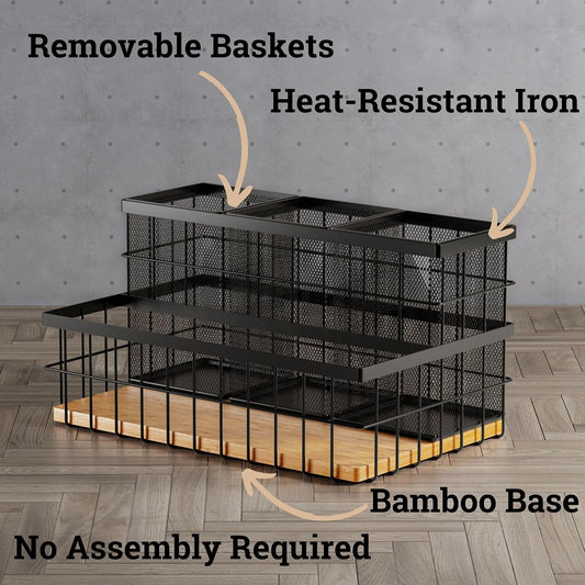 Hair Tool Organizer Countertop, Breathable Metal & Bamboo, Heat-Resistant | No Assembly Required, Removable Baskets, Heat-Resistant Iron, Bamboo Base, Spacious & Breathable Hot Tools Organizer Vanity