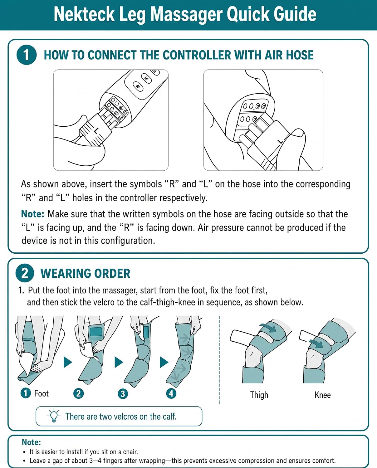 Nekteck Leg Compression Massager for Circulation and Relaxation | FSA Eligible HSA Foot and Calf Massage, 2 Modes, 3 Intensities, 20 Mins Auto-Off, Hand-held Controller, Adjustable Leg Wraps
