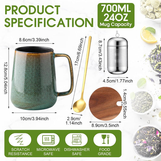 Zhehao 24oz Large Ceramic Tea Mug with Loose Leaf Infuser, Gift for Men Women, Coffee Cup with Lid & Spoon for Tea Lovers, Microwave & Dishwasher Safe, Present for Thanksgiving Christmas(Green)