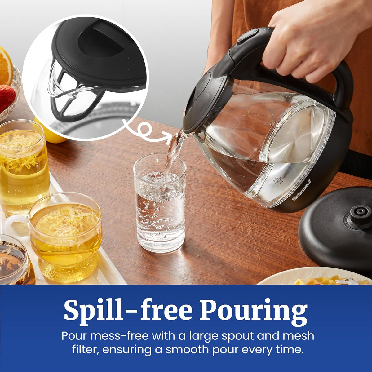 Elite Gourmet 1.7L Dual-Wall Cool-Touch Tea Kettle, Touchscreen, Black