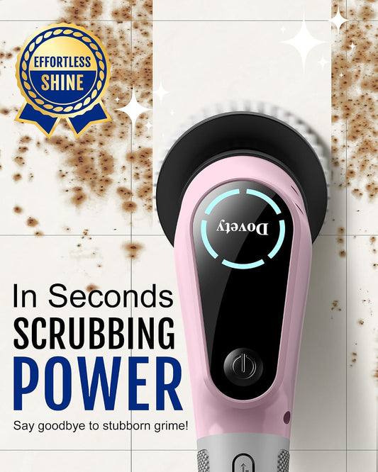 Dovety Electric Spin Scrubber, Extendable Handle, 8 Brush Heads-WH | 90-minute long runtime, Type-C fast charging, multi-scene cleaning tool for shower, bathtub, tile and bathroom scrubbing