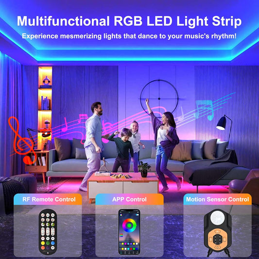Motion Sensor LED Light Strip 19.68ft 3M* Under Bed Lights |3 Modes |Music Sync |Timer | RGB Color Changing |Remote & App Control |Dimmable Motion Activated LED Night Light for Bedroom Cabinet
