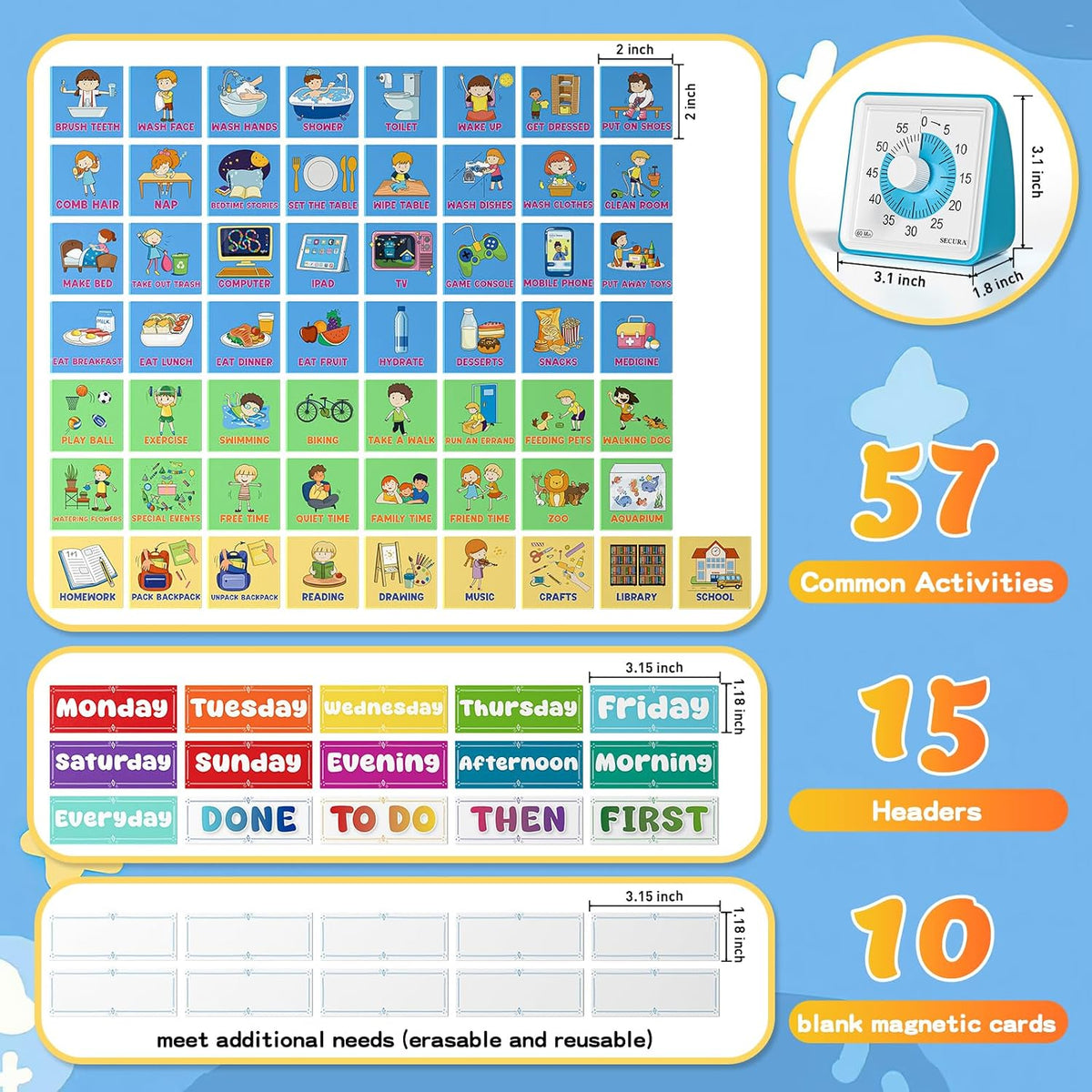 Secura 60-Minute Visual Timer, with Schedule Tasks for Kids ADHD & Autism
