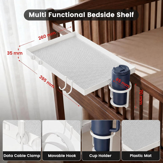 Bedside Shelf for Dorm Room - Cable Catch, White