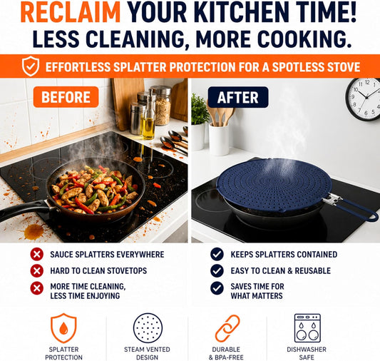 Silicone Splatter Screen for Frying Pan, 13” Navy – Folds Flat with Sleeves, Dishwasher Safe Grease & Oil Splatter Guard, Heat Resistant Splash Guard Fits 10–12” Pans, Most 13” Skillets