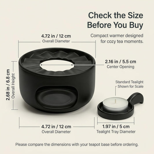 Ceramic Teapot Warmer with Removable Candle Spoon, Tea Pot Warmer Base | Deep matte black finish; 4.72 in low-profile base fits flat-bottom glass or ceramic teapots and uses a standard tealight.