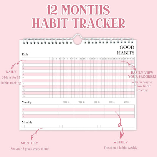 Habit Tracker Journal - Undated Weekly & Monthly Planner with Spiral Binding12Months, 8.5"x11' Pink