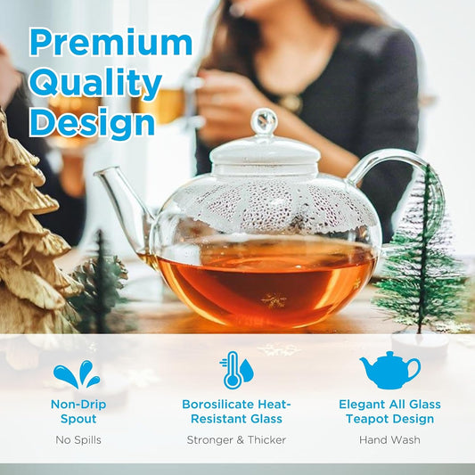 GROSCHE Monaco Heatproof Glass Teapot with Glass Tea Infuser, 42 oz (1.25L) | Fine-Mesh Infuser Steeps Loose Leaves, While Thermal-Shock Resistance and Dishwasher-Safe Parts Simplify Brewing and Cleanup