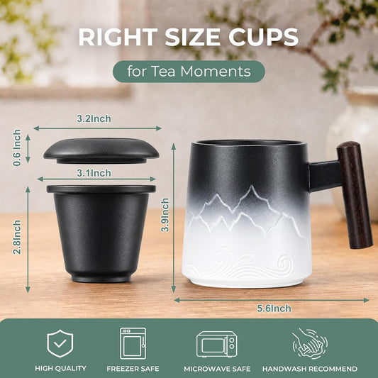 Tea Cup with Infuser and Lid, 14oz Ceramic Loose Leaf Tea Steeper Cup with Wood Handle and Cup Lid, Blue, Black | 14oz Ceramic Tea Mug with Lid, Loose Leaf Tea Steeper Cup with Wood Handle for Tea Lovers Gifts