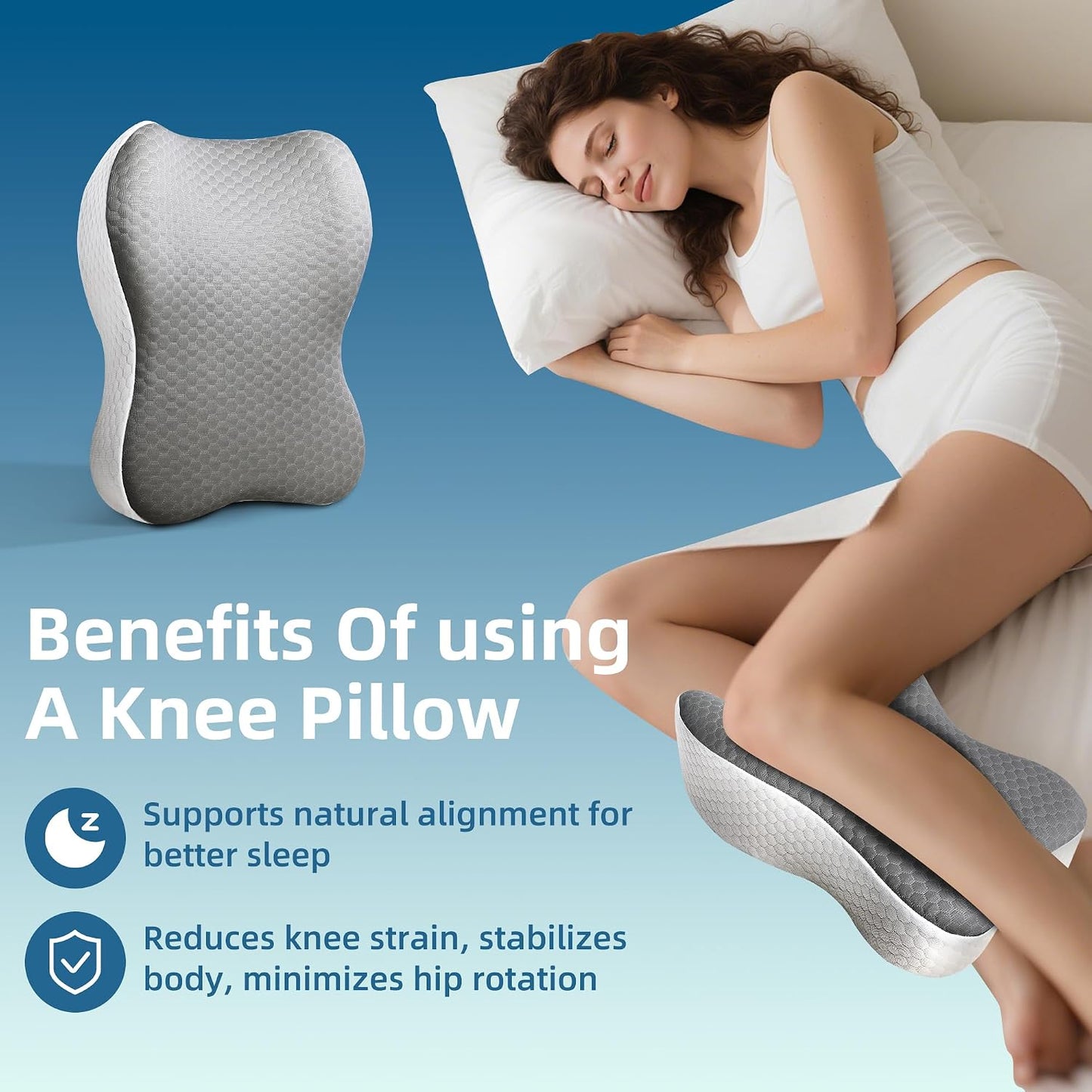 Knee Pillow for Side Sleepers, Memory Foam Bolster Between Legs, Comfortable Sleep Positioning & Side Leg Support, Elevation Pillow for Adults, Back Hips Knees Support, Wider Contact
