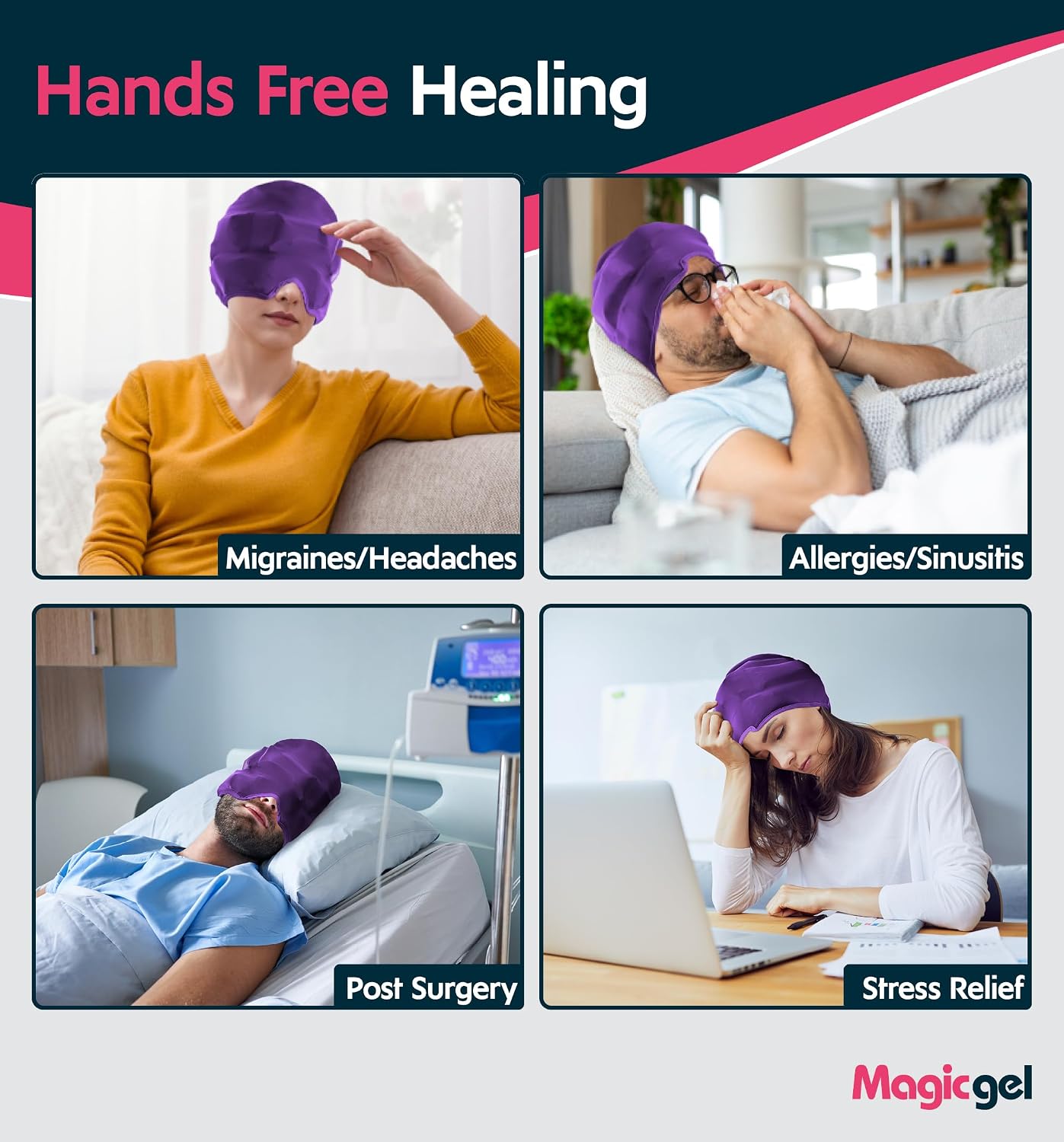 Magic Gel Migraine Ice Head Wrap - Real Migraine & Headache Relief | The Original Headache Cap | Cold, Comfortable, Dark & Cool; Endorsed by Physicians, Loved by Thousands - Purple