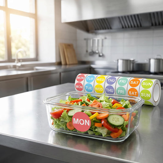 Day of the Week Sticker Labels, 1" Round, 7 Rolls, 500 per Roll | Color-Coded Dot, Removable Self Adhesive, For Food Containers