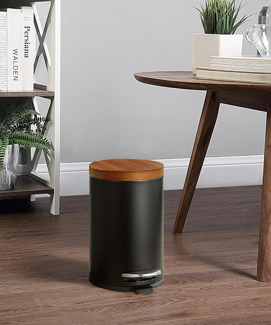 SunnyPoint Elite Bamboo Lid 4.5 Liter / 1.2 Gallon Round Trash Can with Plastic Inner Bucket; Bathroom, Office, Kitchen and Bedroom Step On and Slow Close (Black)