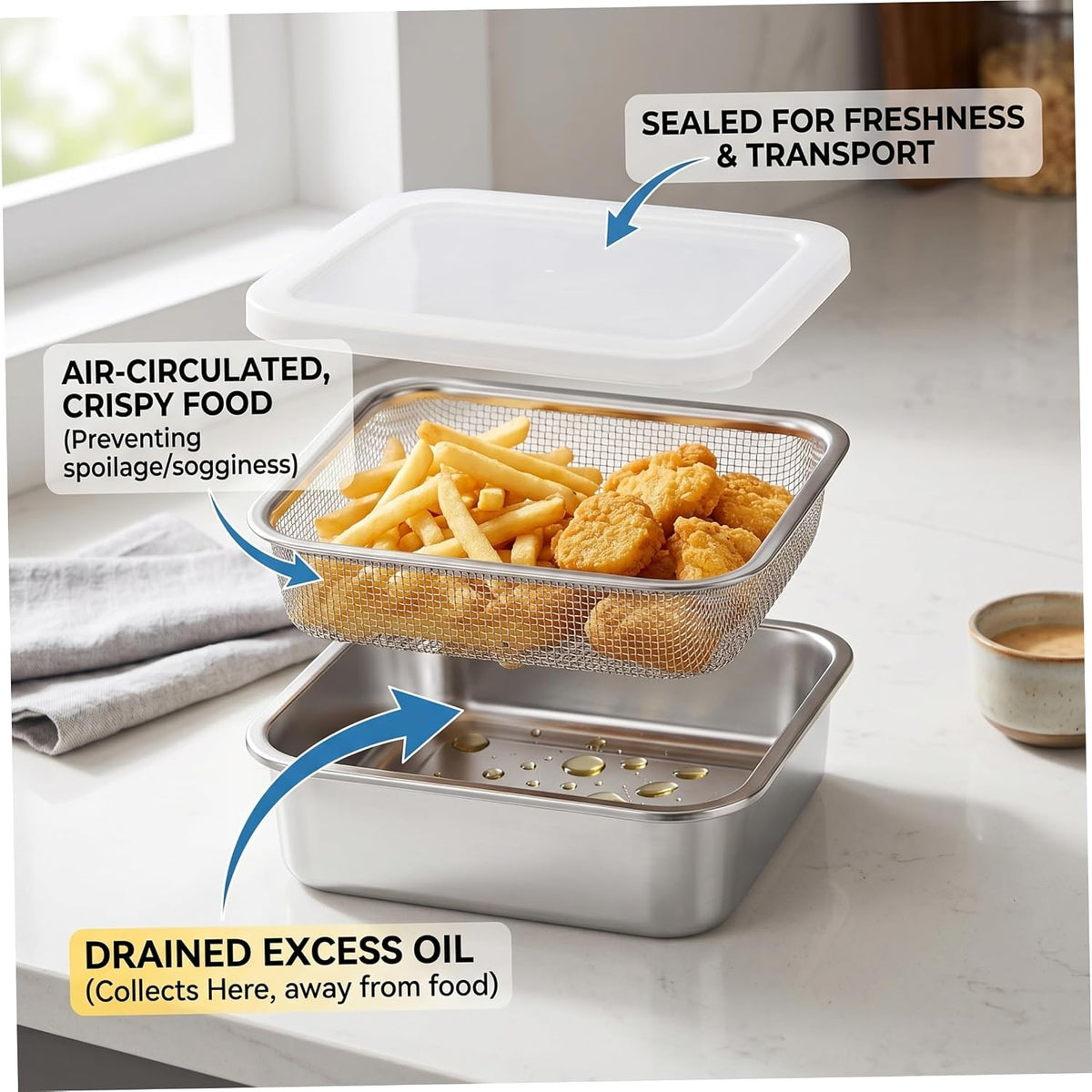 Square Strainer, 3PCS/Set Fruit Storage Containers For Fridge, 304 Stainless Steel Square Strainer With Lid, Lettuce Keeper & Dish, 1500ml, Fruit Storage Containers For Fridge