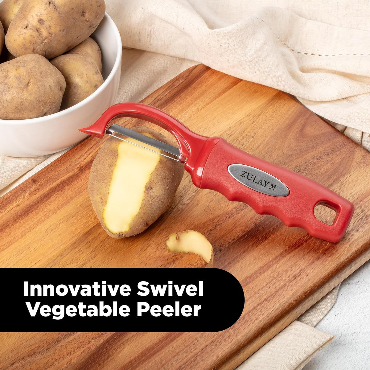 Zulay Kitchen Premium Vegetable Peeler for Kitchen - Swivel Peeler with Razor Sharp Stainless Steel Blades & Strong Ergonomic Handle - Dishwasher Safe, Easy To Use with Blemish Remover - Black