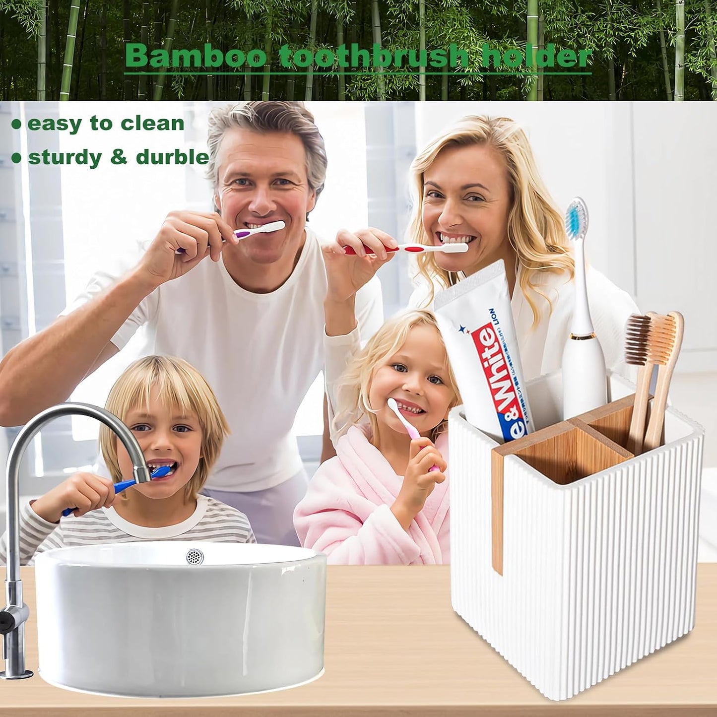 Toothbrush Holders for Bathroom, Bamboo Electric Toothbrush Stand, White | Toothbrush and Toothpaste Organizer for Sink Countertop, Bathroom Storage Stand for Brushing Accessories