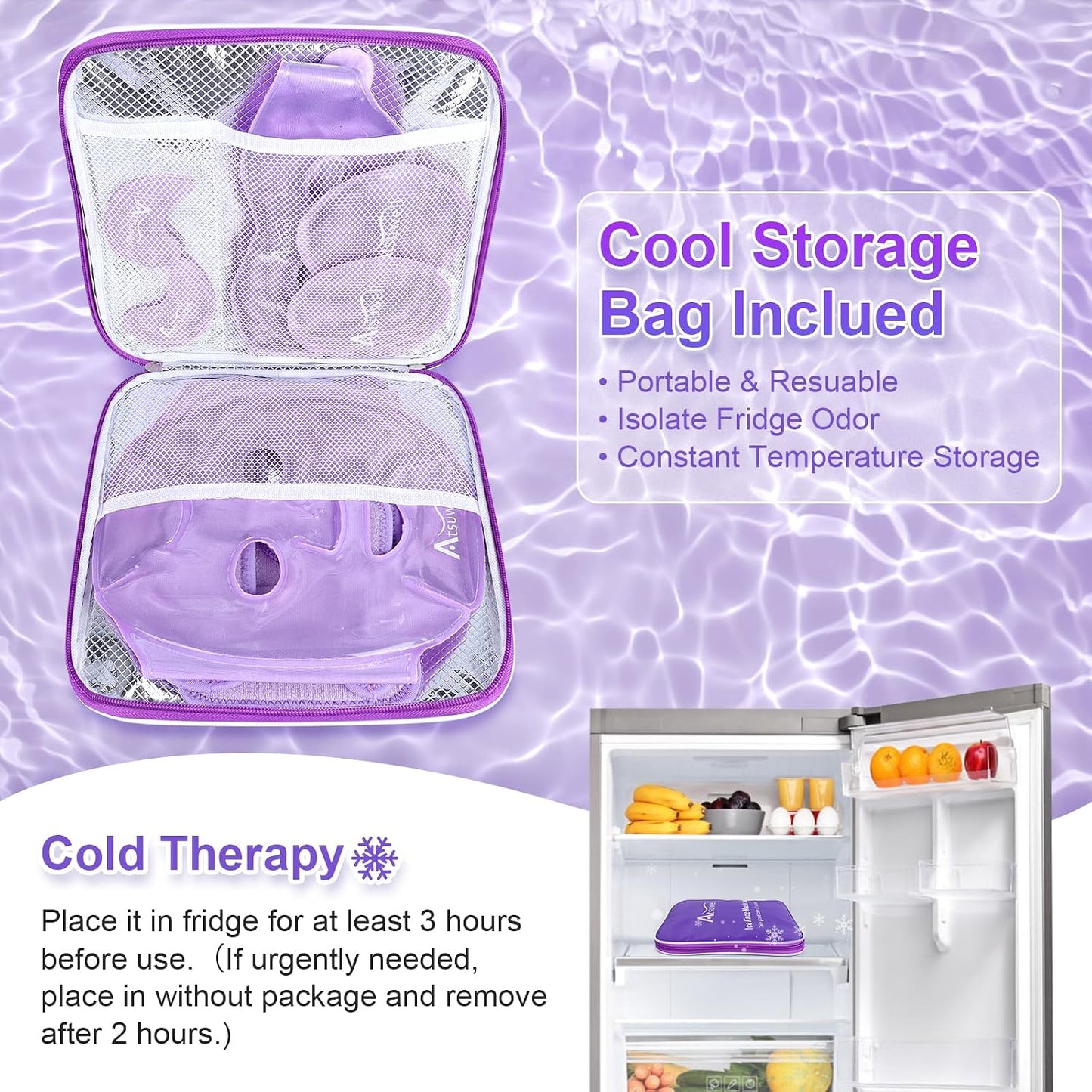 Atsuwell Cooling Ice Face Eye Mask Set | Gel Eye Mask for Puffy Eyes and Migraine Relief, Reusable 6 Gel Cold Packs for Injuires, Soft Plush Lining, Cool Bag Included