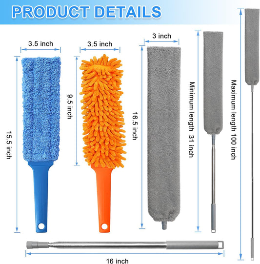 Gap Cleaning Feather Duster - 1 Pack 100 inch Telescoping Gap Dust and 2 Pack 15 inch Gap Cleaning Hand Dusters, Microfiber Feather Duster for House Hold