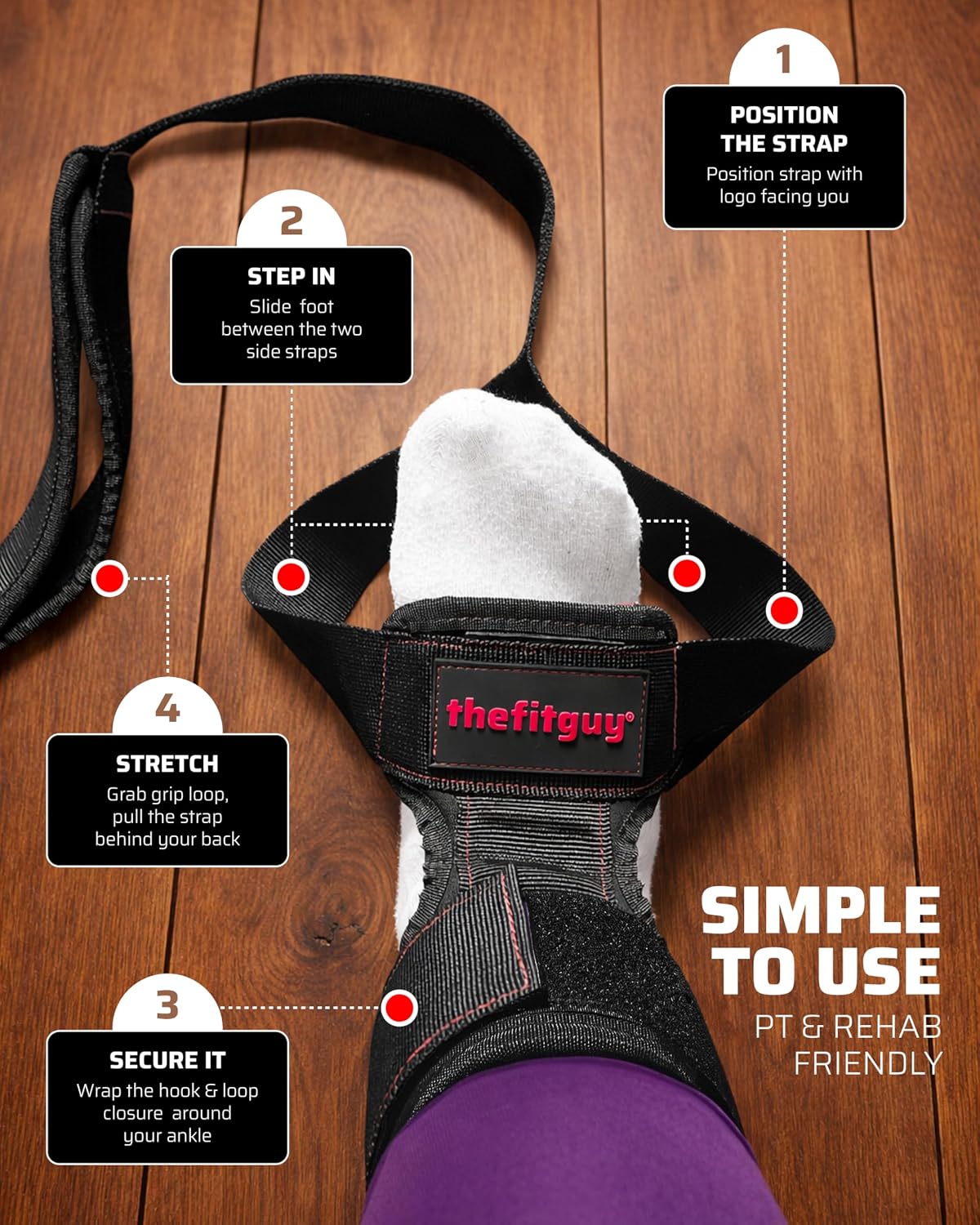 THEFITGUY Quad Stretcher Strap with Secure Ankle Cuff & 4 Padded Grip Loops