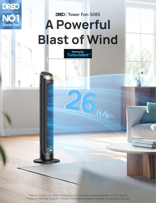 DREO Smart Tower Fan for Bedroom, 90° Oscillating Fan, 26ft/s Wind, 28dB | 5 speeds 4 modes, Quiet Floor Fans for Room , 12H timer, Remote/APP & Voice Control, Standing Fans that Blow Cold Air, Gold