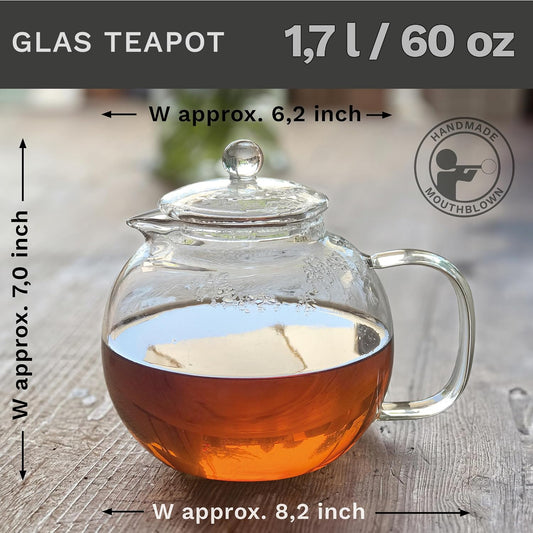 Creano glass teapot 58oz (1700ml), tea maker with integrated stainless steel infuser and glass lid, ideal for preparing loose teas, drip-free, all-in-one